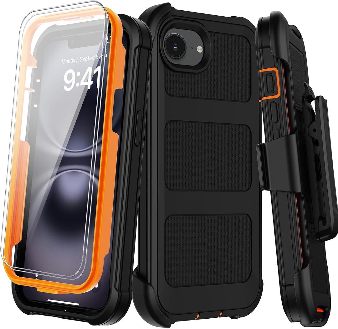 for iPhone 16e Case with Belt Clip Holster,iPhone 17e Case w/Screen Protector X2,Heavy Duty Shockproof Drop Protection Military Grade 2-Layers Rugged Durable Phone Cover for Apple 16e 17e(Black Orange