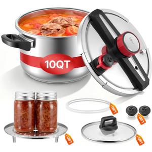 VEVOR Pressure Cooker, 10Qt Pressure Cooker Stainless Steel, Pressures Canner with Steaming Rack, Tempered Glass Lid, Three Pressures Settings for Meat, Beans, Rice, Soup, Sauces, Cook up to 100 kPa