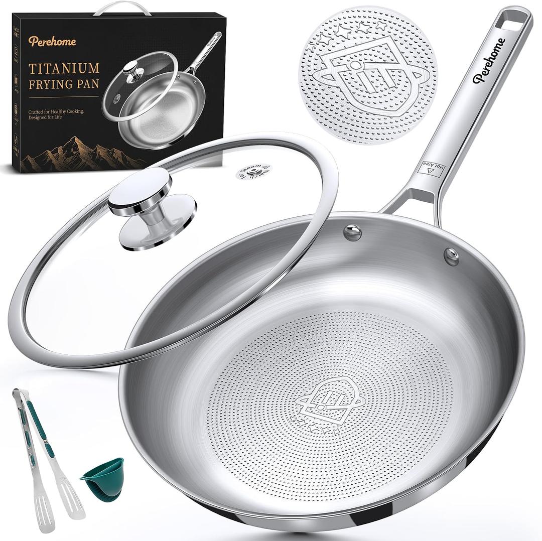 perehome Titanium Pans for Cooking,12 Inch Non-Toxic Frying Pan with Lid