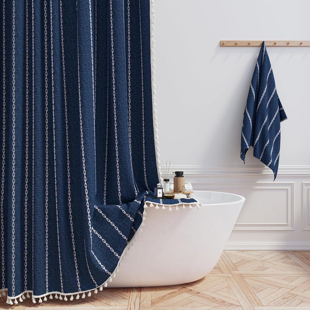 BTTN Extra Long Shower Curtain - 72x84 Long Boho Chic Striped Tassel Linen Fabric Shower Curtain Set with Hooks, Tall Modern Farmhouse Cute Heavy Duty Cloth Shower Curtains for Bathroom - Navy Blue