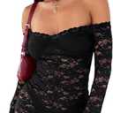 Womens Sexy Off Shoulder Lace Dresses Long Sleeve See Through Bodycon Mini Dress Y2K Dress Birthday Date Night Outfit, Black, Small 