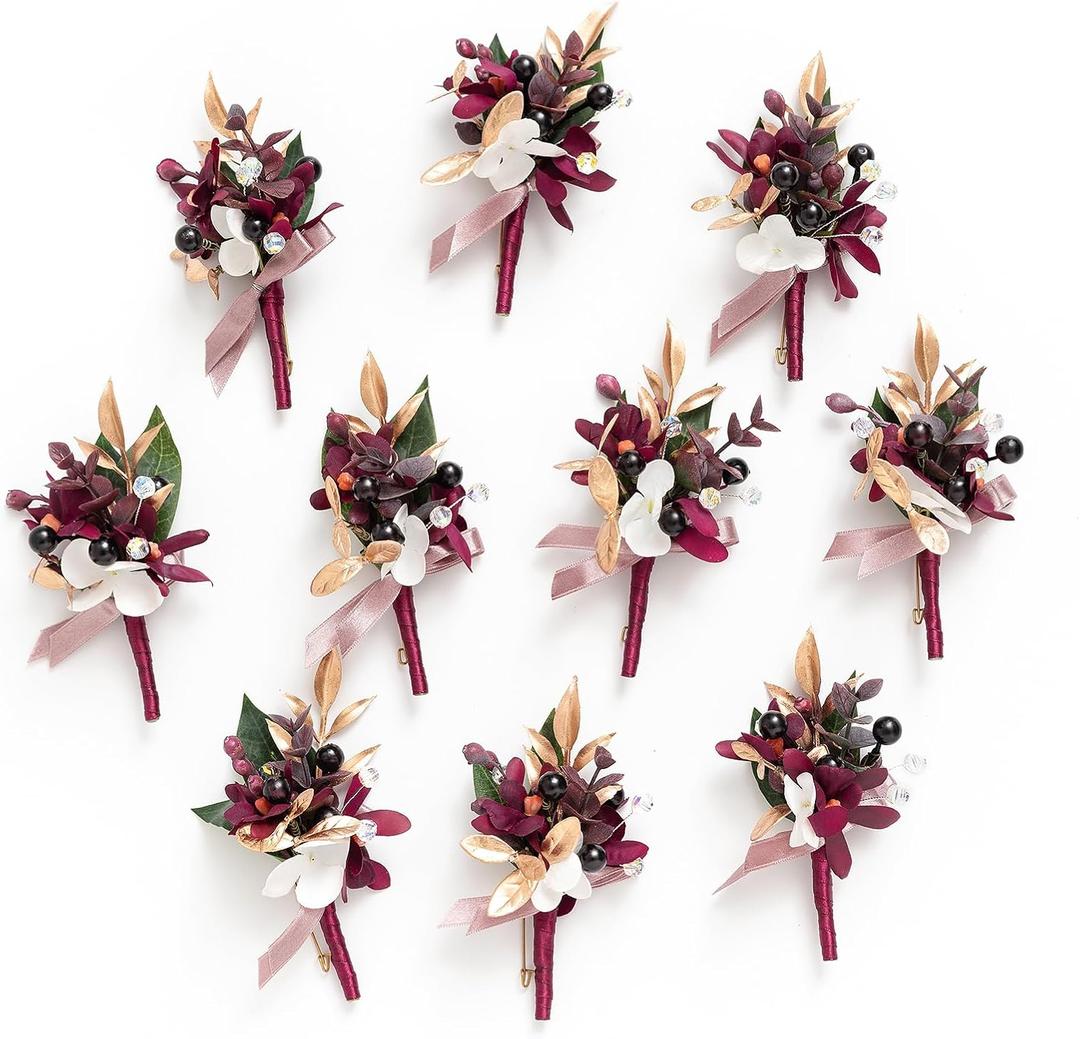 Ling's Moment Boutonniere for Men, 10pcs Groomsmen Guest Boutonniere, Artificial Flowers for Wedding Dcor/Prom/Homecoming,etc.Marsala Black Berry (Red-marsala & Black Berry)