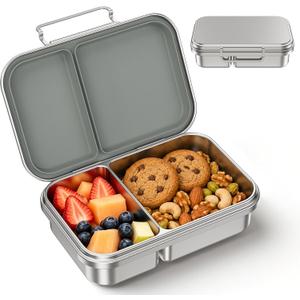 Stainless Steel Bento Lunch Box for Kids,Leak-Resistant Small Snack Box,2 Compartment Lunch Container,Stainless Steel Latch,Compact Metal Lunch Box for School,BPA-Free,Not insulated(Grey)