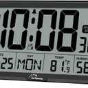 WallarGe Auto Set Digital Wall Clock Battery Operated, Desk Clocks with Temperature, Humidity and Date, Large Display Digital Calendar Alarm Clock for Elderly, Bedroom, Office, 8 Time Zone, Auto DST. (Black)