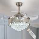 42 Inches Invisible Crystal Ceiling Fan Chandelier, Modern Remote Control Crystal Ceiling Fan Lighting for Dinning Room Bedroom Living Room(Sand Nickel)