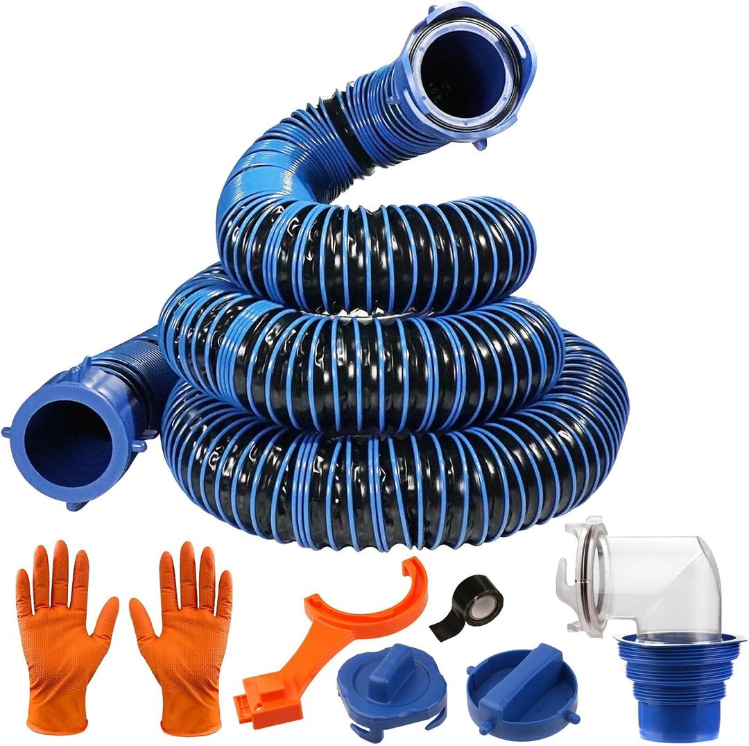 SheeChung 15 FT RV Sewer Hose Kit, Sewer Hose for RV Camper, Heavy-Duty Camper Waste Hose with Leak-Proof Swivel Fittings, 90 Clear Elbow, 2 Storage Caps, TPE Tech for Crush-Proof and UV-Resistant