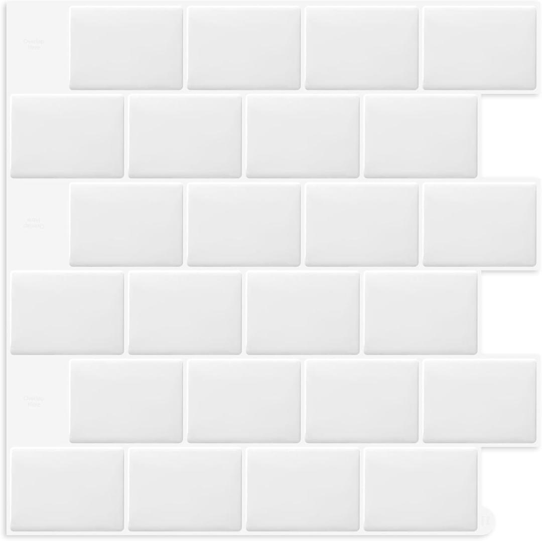 DEWOO Peel and Stick Subway Tile Backsplash Self Adhesive Brick Sticky Stickers for Kitchen Bathroom Wall,White (10-Sheet,12"12")