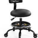 Rolling Shop Stool with Wheels, Garage Mechanic Stool Chair with Backrest, Height Adjustable Heavy Duty Swivel Task Chair, Adjustable Footrest with Storage Tray for Garage Kitchen Salon Tattoo (Black)