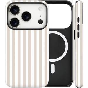 Magnetic for iPhone 17 Pro Case Cute Stripes Phone Case, Shockproof Slim TPU and Hard PC Protective Phone Cover Compatible with MagSafe Designed for Women Girls, Apricot
