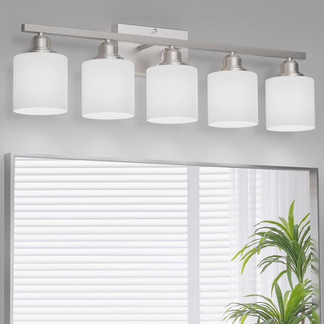 5-Light Bathroom Light Fixture, Brushed Nickel Vanity Lights Over Mirror, Anti-Rust, White Glass Shades, E26 Base, Bulb Not Included