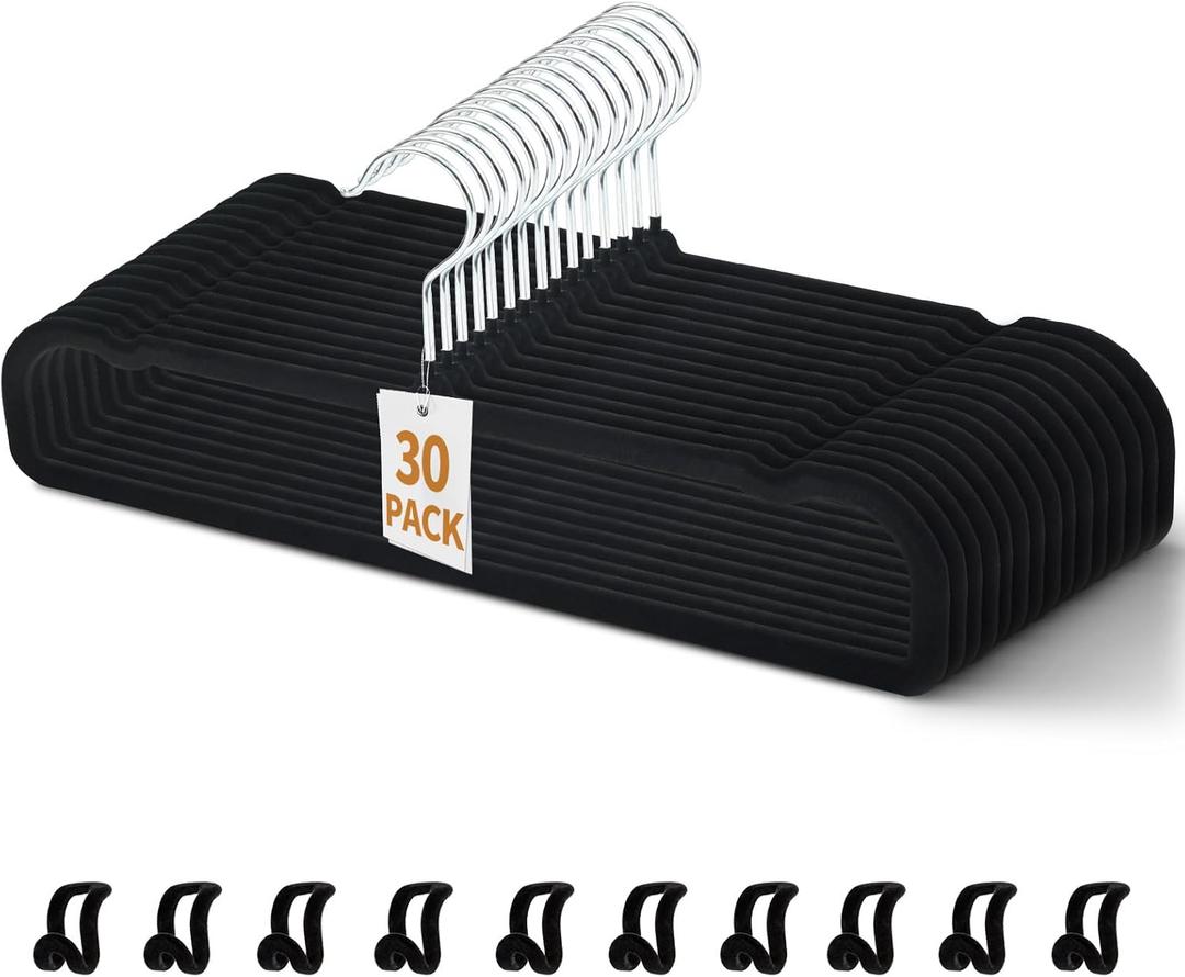 30 Pack Velvet Pant Hangers, Non Slip Thin Space Saving Trouser Hanger with 30 Hooks, 360 Swivel Hook Strong Durable Slim Clothes Hanger for Shorts, Jeans, Tank Top, Scarves