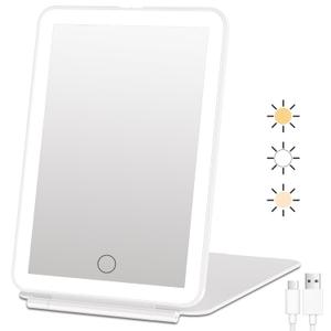FUNTOUCH Rechargeable Travel Makeup Mirror with 72 Led Lights, Portable Lighted Beauty Mirror, 3 Color Lighting, Dimmable Touch Screen, Tabletop LED Folding Cosmetic Vanity Mirror (White)