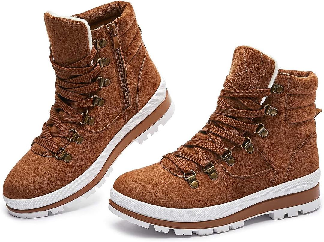 FRACORA Womens Combat Boots Lace Up Ankle Boots Winter Snow Boot Side Zipper Fashion Booties (7, Brown)