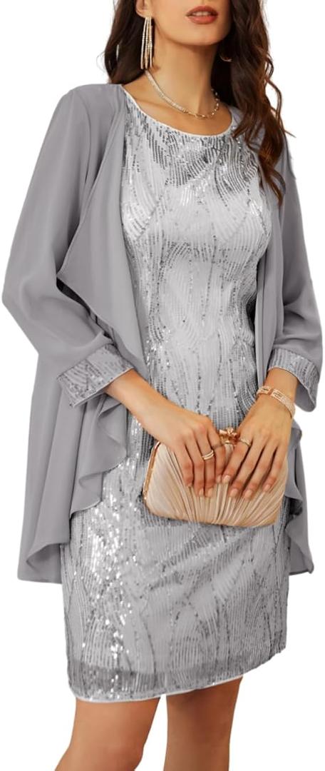 GRACE KARIN Women's Sequin Dress - Wedding Guest & Mother of The Bride Formal Dress - Two Piece Knee Length S