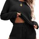 Ekouaer Womens Waffle Knit Pajama Sets Long Sleeve Top and Shorts Matching Lounge Set Loungewear Sweatsuit with Pockets (Black, M)