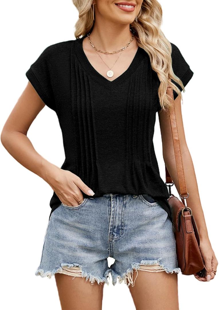 Abardsion Women's V-Neck Cap Sleeve Pleated Blouse Shirts Trendy Summer Outfits Casual Loose Fit T Shirt Tops (Black, M)