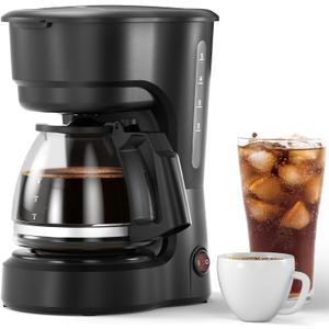 Compact 5-Cup Coffee Maker: Featuring Brew-Pause Technology, a Permanent Filter, and Simple One-Touch Operation. Enjoy Auto Keep-Warm Coffee, Perfect for Home/Office/Outside-Black.