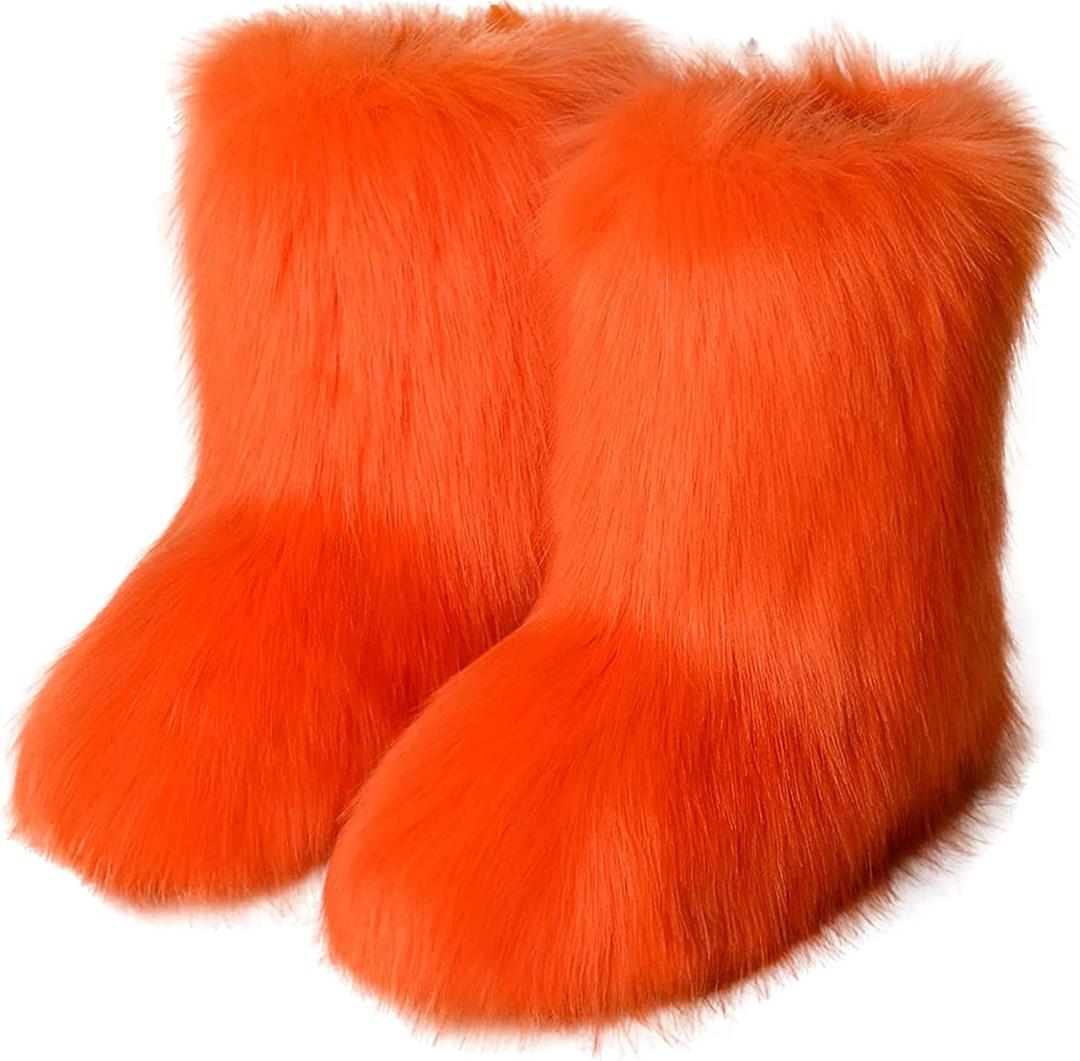 YESBOR Women's Faux Fur Winter Snow Boots Round Toe Flat Booties for Indoor Outdoor (Orange, 8)