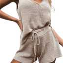 Imily Bela Women's Summer Lounge Sets Knit 2 Piece Outfits Vacation Beach Tank Tops and Shorts Loungewear Pajama Set (Medium, A01-beige)