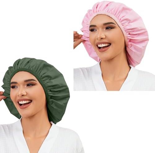 2 Pack Shower Caps for Women, Reusable Waterproof Shower Cap with Elastic Band, Thickened Waterproof Fabric Shower Bonnet for Braids, Long Hair (Pink and Green)