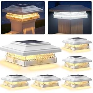 SIEDiNLAR Solar Post Cap Lights, 6 Pack 2 Modes 50 Lumens, 4x4 5x5 Vinyl/ Wooden Posts Waterproof Outdoor Lighting for Deck Fence Patio, White/ Warm (White)