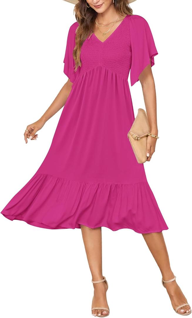 AUSELILY Women's Summer Empire Waist Dress Smocked Flutter Short Sleeve V Neck Midi Dresses 2026 New (XL)
