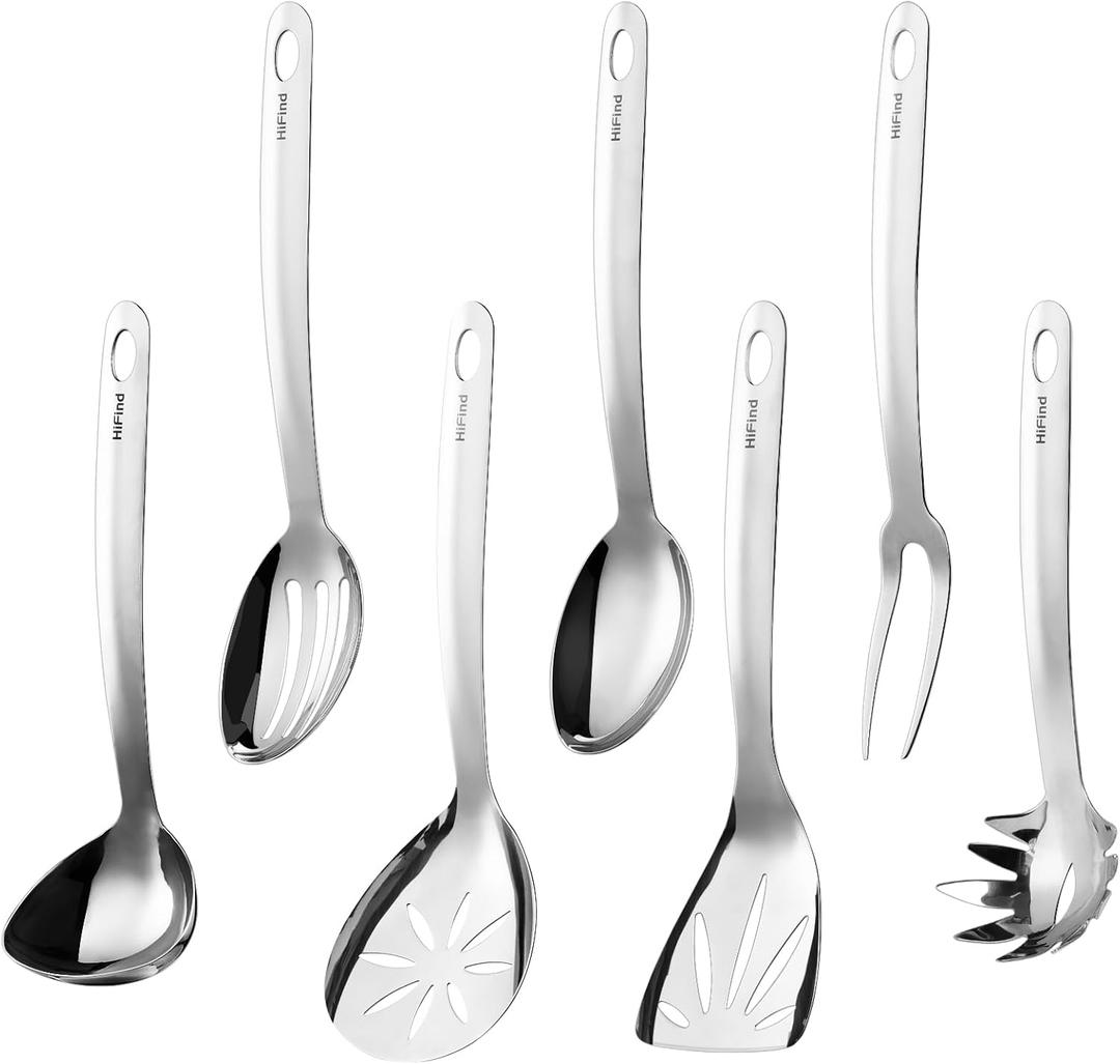 Stainless Steel Cooking Utensils Set, 7PCS Kitchen Utensils Set, Durable Kitchen Utensils - Meat Fork, Solid Serving Spoon, Ladle, Pasta Fork, Skimmer, Slotted Serving Spoon, Slotted Spatula