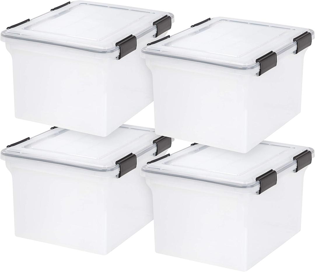 IRIS USA File Box WeatherPro File Organizer Plastic File Box for Letter/Legal File, Water Resistant Document Box, Durable Lid, Seal w/ Secure Latching Buckles, Stackable, Nestable, Clear 32 Qt. 4Pack