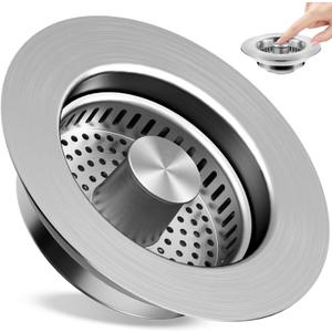 Kitchen Sink Drain Strainer 3 in 1, 304 Stainless Steel Pop Up Sink Stopper, Anti-Clogging Sink Drain Strainer for US Standard Kitchen Drain (SUS304 Brushed)