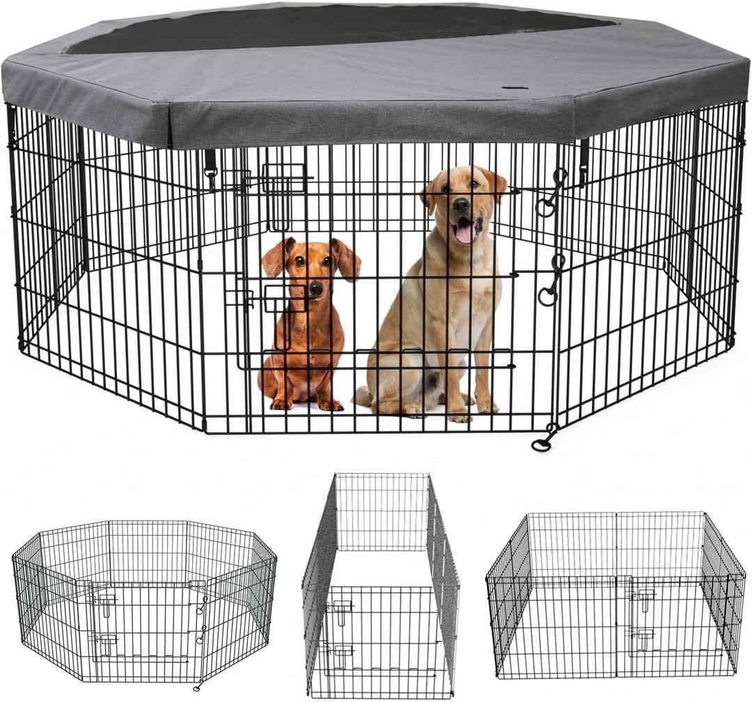PETIME Foldable Metal Dog Exercise Pen/Pet Puppy Playpen Kennels Yard Fence Indoor/Outdoor 8 Panel 24" W x 24" H with Top Cover (with top Cover, 8 Panels 24" H)