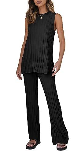 Tankaneo Two Pieces Outfits Sleeveless Top Knit Sets Trendy Lounge Long Pajamas Set Black XL Tankaneo Two Pieces Outfits Sleeveless Top Knit Sets Trendy Lounge Long Pajamas Set Black XL