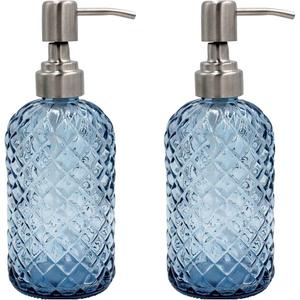 SDlumeiy 16 oz Diamond Pattern Glass Soap Dispenser, Kitchen and Bathroom Refillable Soap Dispenser with Rust Resistant Stainless Steel Pump for Hand Soap, Lotion Glass Liquid Dispenser(Blue - 2 Pack)