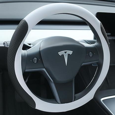 Uxcer Premium Leather Steering Wheel Cover for Tesla Model 3/Y 20162025 2026 Juniper/Highland, NonSlip Breathable Tesla Model 3/Y Steering Wheel Protector, White
