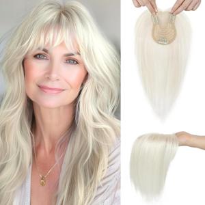 SEIKEA Hair Toppers for Women Real Human Hair, 10" Clip in Bangs Hand-tied Base 1.4 * 2.2inch Natural Realistic with Thinning Hair with Wispy Bangs White Blonde