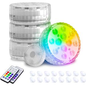 Submersible Pool LED Light, Underwater Light, 16 RGB Color Changing, RF Remote,Magnetic/Suction Cup/Battery, IP68 Waterproof Pool Lights for Pond/Bathtub/Shower/Hot Tub/Spa 4 Packs
