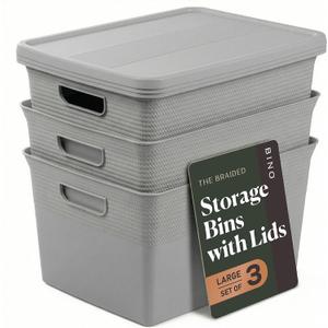 BINO | Plastic Storage Bins with Lids, 22 Liter - 3 Pack, Natural Grey | THE BRAIDED COLLECTION | Plastic Bins for Organization Woven Storage Baskets for Organizing Pantry Shelf Organizer Basket Bin