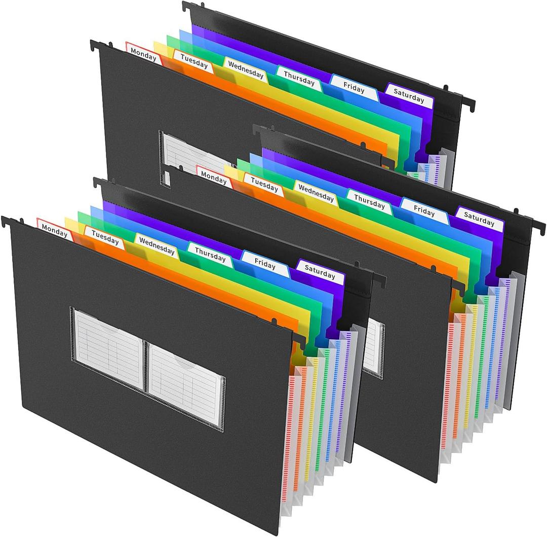 Plastic Expanding Hanging File Folders for Filing Cabinet,1/3-Cut Tab, 7 Pockets Accordion Dividers Folder Multi-Color Tabs, Large Capacity Hanging Organizer Letter Size (Legal Size 3 Pack)