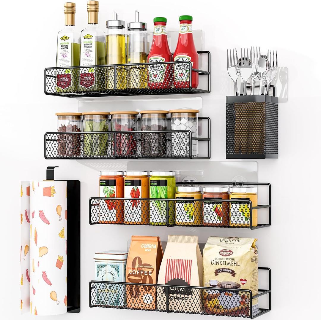 DTUQYX Spice Rack Wall Mounted 6 Pack: 100% Metal & Strong Adhesive Spice Organization for Kitchen Cabinet/Pantry Door, No Drill Hanging Seasoning Organizer with Paper Towel Holder, Utensil Caddy