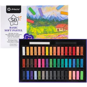 Artecho 50pcs Soft Pastels, 48 Colors Including 4 Fluorescent Colors, Extra Free Black & White, Square Chalk for Drawing, Blending, Layering, Shading, Pastels Art Supplies