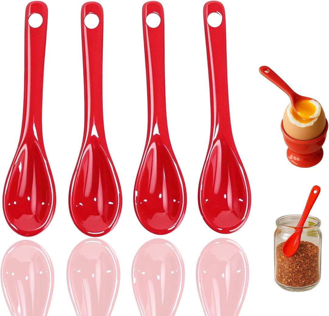PTORIZNY Mini Spoons for Spices, Ceramic Spoon 3.5 inch for Spice Jars, Espresso Spoons, Small Seasoning Spoon for Salt, Coffee, Sugar, Powder and Pepper (Red spoon A set of 4)