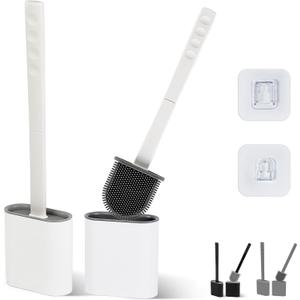 Silicone Toilet Brush and Holder Set  Pack of 2 Wall Mounted Toilet Scrubber Brush White  Long Non-Slip Handle, Modern Design, Flexible Bristles for Easy Cleaning