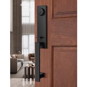 2 Pack Full Escutcheon HandleSet Front Door Entry Handle and Deadbolt Lock Set Slim Square Single Cylinder Deadbolt and Lever Heavy Duty  Matte Black Finish (Keyed Handleset-Modern Style)