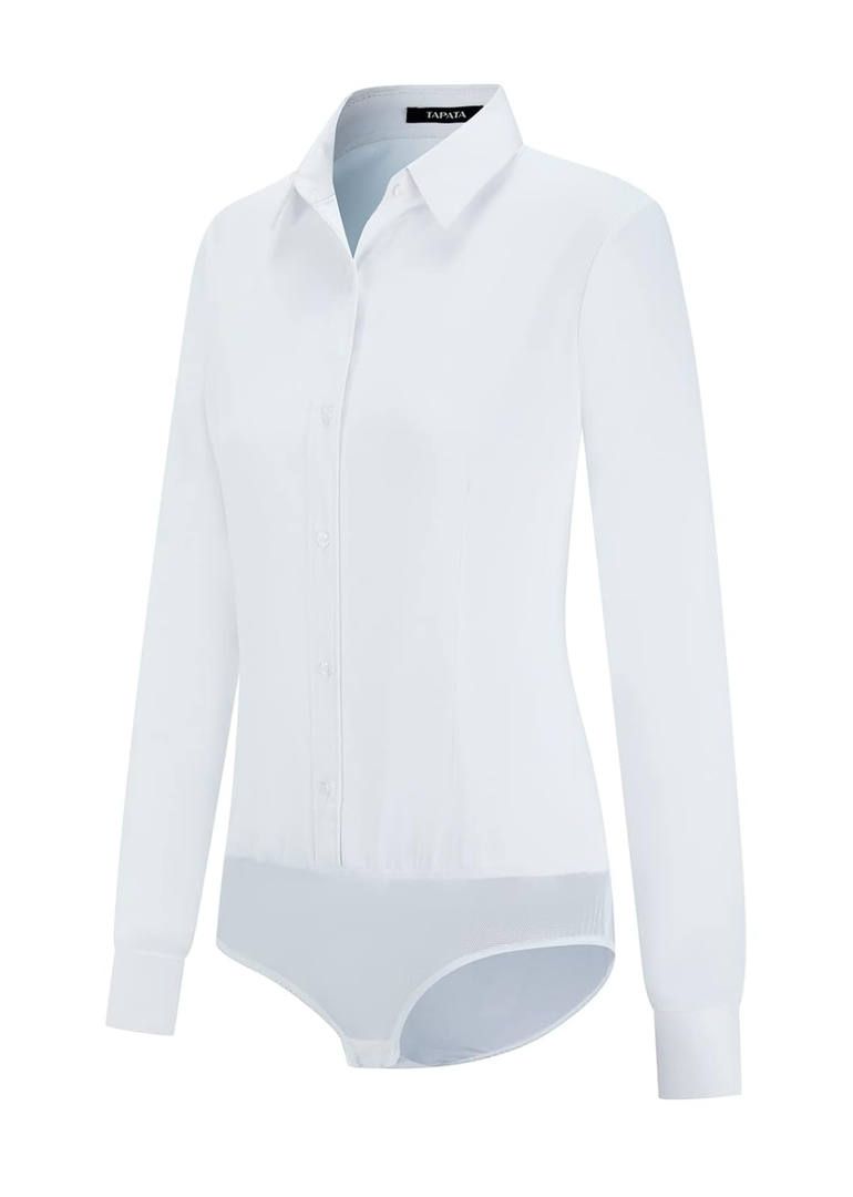 Tapata Womens Bodysuit Blouse Button Down One-Piece Long Sleeve Solid Office Work Shirt Casual Tops, Medium