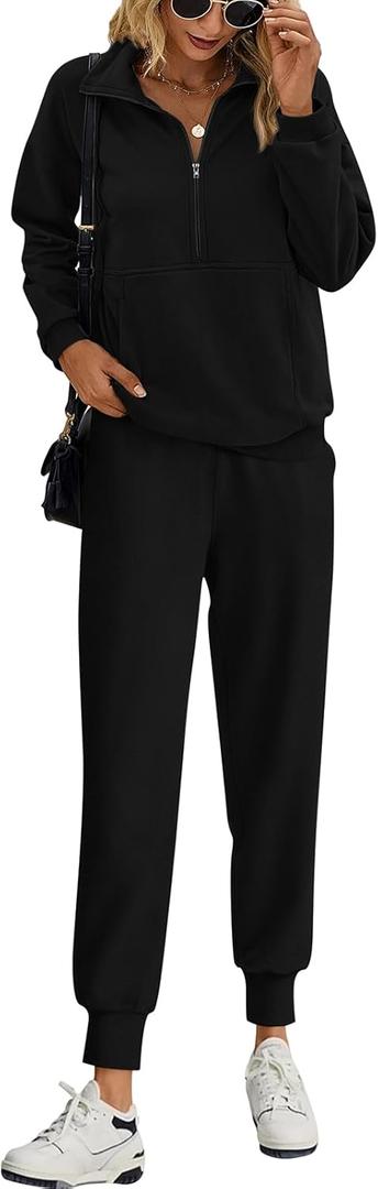 PRETTYGARDEN Long Sleeve Half Zip Sweatsuits Women 2 Piece Outfit Fall 2025 Casual Sweatshirt Sweatpants Lounge Set Tracksuit (Large, Black)