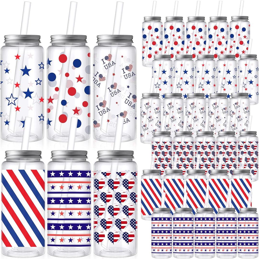 Skylety 30 Pcs 4th of July Plastic Cups with Lids and Straws 13. 5 oz Independence Day Plastic Cups Reusable Cute Tumbler for American 4th of July Party Favor Patriotic Supplies