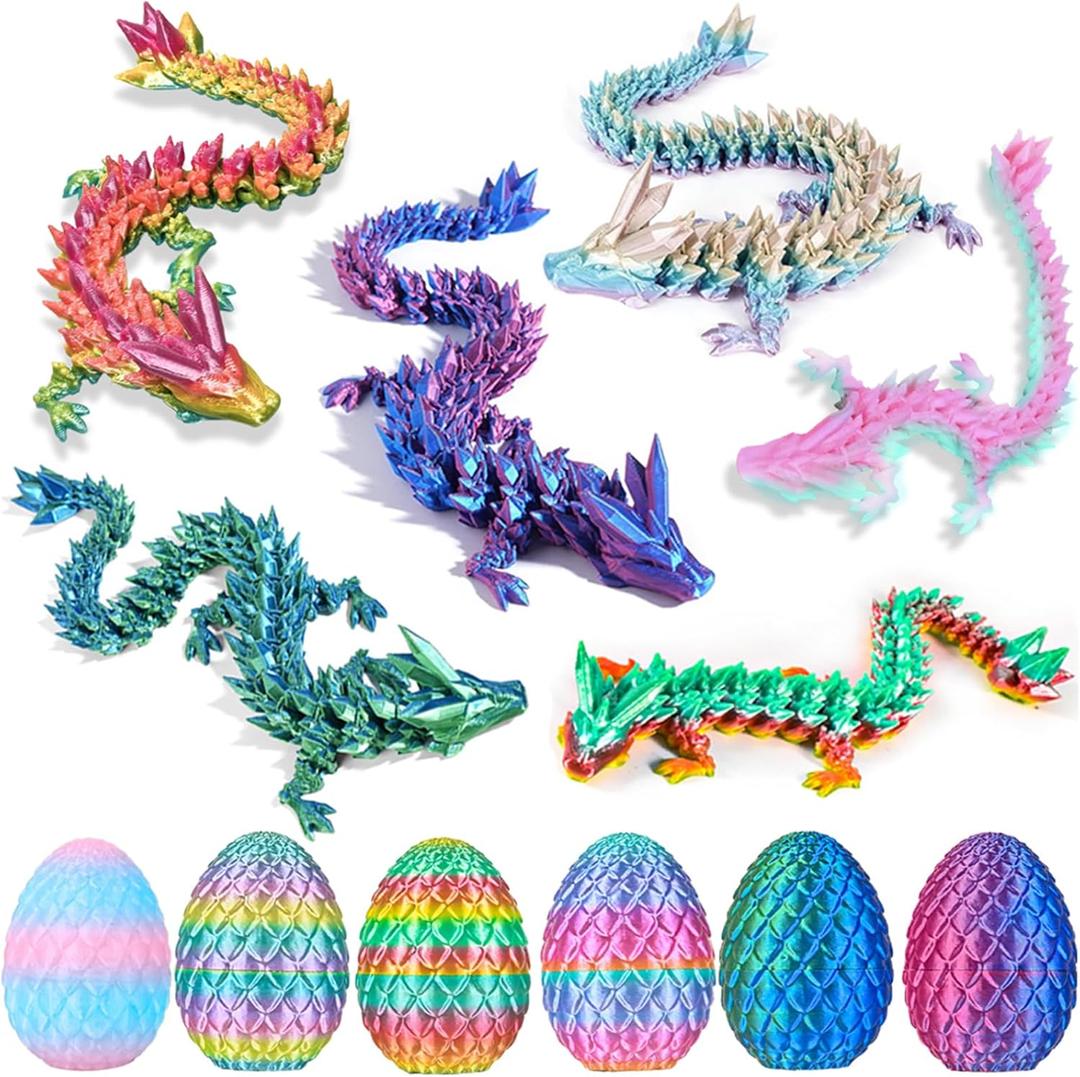 6PCS 3D Printed Dragon Eggs with Dragon Inside, Easter Basket Stuffers Mini Mystery Crystal Egg Fidget Toy, Surprise 3D Printed Animals Toy