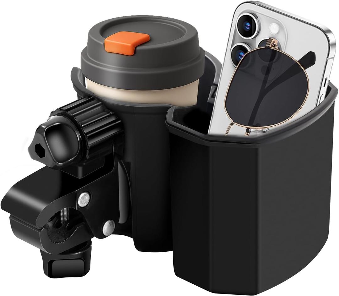 2-in-1Stroller Cup Holder with Phone Holder, 360 Rotatable Strong Clip, Large Storage Box for Stroller, Wheelchair, Walker