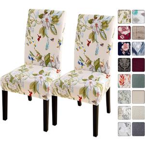 SearchI Dining Room Chair Covers Slipcovers Set of 2, Spandex Super Fit Stretch Removable Washable Kitchen Parsons Chair Covers Protector for Dining Room,Hotel,Ceremony,Beige+Flowers