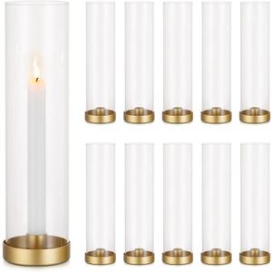 Romadedi Glass Hurricane Candle Holders Gold - 12 Inch Taper Candlestick Holder Bulk Clear Glass Cylinder Table Centerpiece Wedding Decor Party Birthday Christmas Home Decorations, Set of 10
