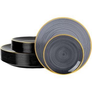 N9R 60PCS Black Plastic Plates with Gold Rim, Elegant Disposable Plates, Circular Ribbed Design, 30 Dinner & 30 Dessert Plate for Parties, Weddings, Halloween, Banquets and Events (Translucent Black)